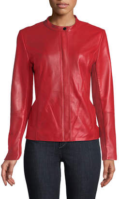 Neiman Marcus Perforated Zip-Front Leather Jacket