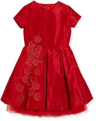 Oscar de la Renta Silk Taffeta Party Dress with Guipure Flowers, Red, Size 3-14