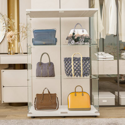 Latitude Run 2-Door Glass Display Cabinet 3 Shelves With Door Floor Standing Curio Bookshelf