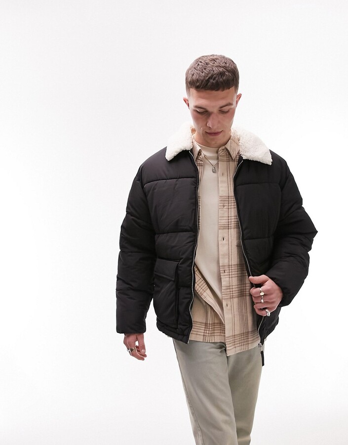 Topman puffer with sherpa collar in black - ShopStyle Jackets