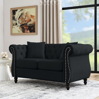 Mercer41 Black Velvet 2 Person Couch For Living Room, Bedroom - 58.8" Design With Rolled Arms, Nailhead Trim, Pillows A Cozy Atmosphere In Seater Details, Buil