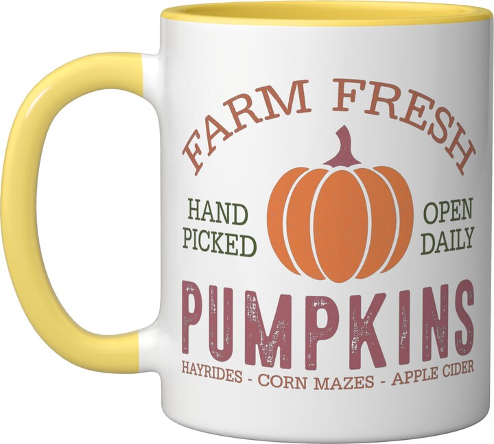 Harvest Hues Farm Fresh Pumpkins Cute Thanksgiving Ceramic Mug, Yellow/White