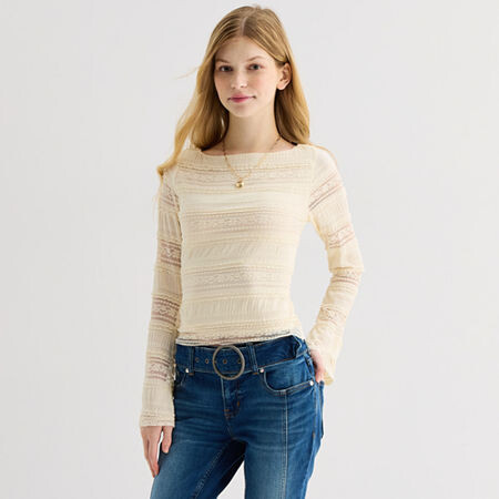 Arizona Womens Crew Neck Long Sleeve Juniors Layered Top