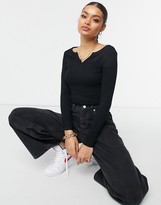 Thumbnail for your product : ASOS Petite DESIGN Petite long sleeve slim fit crop top with notch neck in black