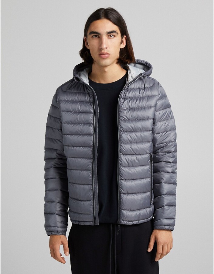 Bershka quilted hooded jacket in gray - ShopStyle