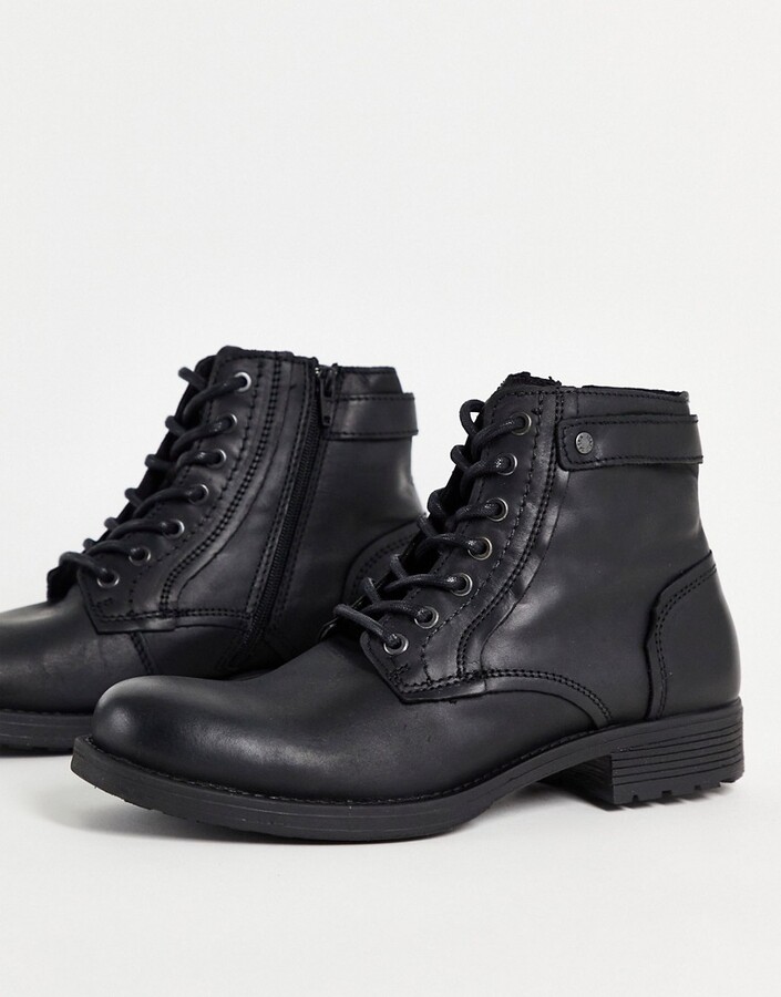 Jack and Jones lace-up tall boots with strap detail in black leather -  ShopStyle