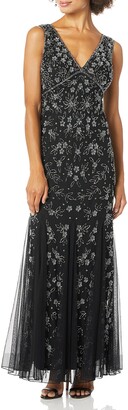 Pisarro Nights Women's V-Neck Beaded Dress with Godet Style Skirt