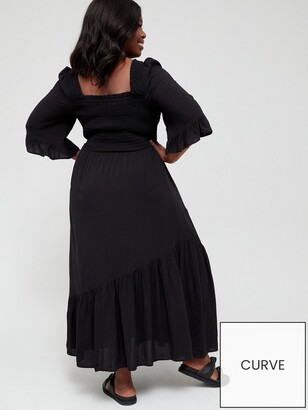 V By Very Curve Three Quarter Sleeve Square Neck Shirred Maxi Dress - Black