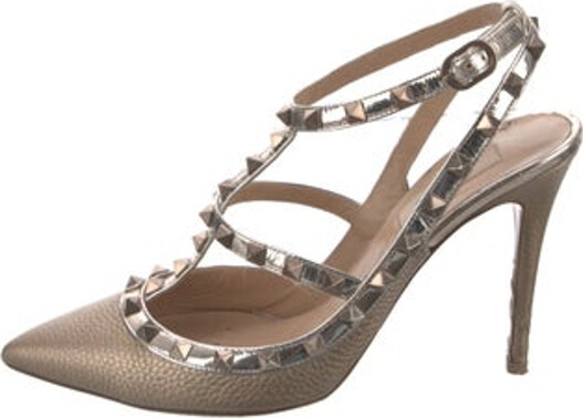 Valentino Leather T-Strap Pumps Gold Rockstud Accents Pointed-Toes with Studded Accents Straps & Buckle Closure at Ankles Includes Dust Bag Designer