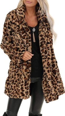 Younthone Women's Casual Jackets Autumn and Winter Long Sleeves Pocket Leopard Cardigan Long Coat Faux Fur Fuzzy Warm Oversized Outwear Loose Parka Sweatshirt Jacket Brown