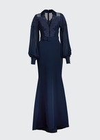 Thumbnail for your product : Badgley Mischka Couture Lace Embroidered Trumpet Shirt Gown w/ Belt
