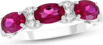 Zales Sideways Oval Lab-Created Ruby and White Lab-Created Sapphire Three Stone Ring in Sterling Silver