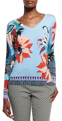 Etro Long-Sleeve V-Neck Blossom-Print Top, Light Blue