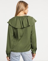 Thumbnail for your product : Vila blouse with exaggerated tie collar and balloon sleeves in green