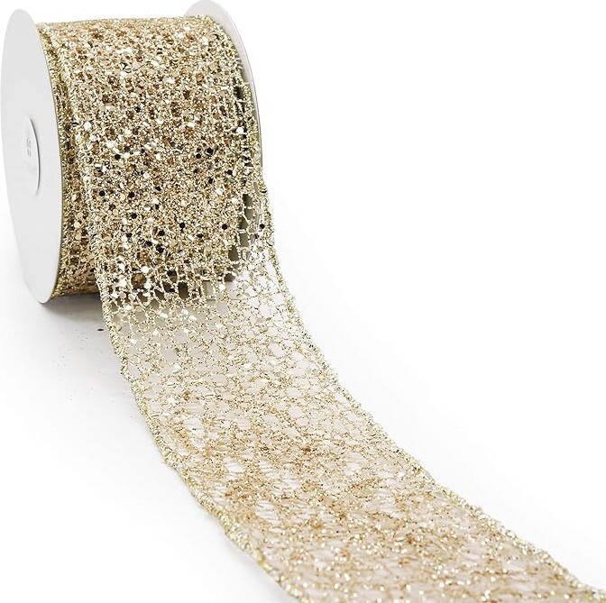 CT CRAFT LLC Sparkling Glitter Mesh Ribbon for Home Decor, Gift Wrapping, DIY Crafts, 2.5” x 10 Yards x 1 Rolls - Champagne Gold