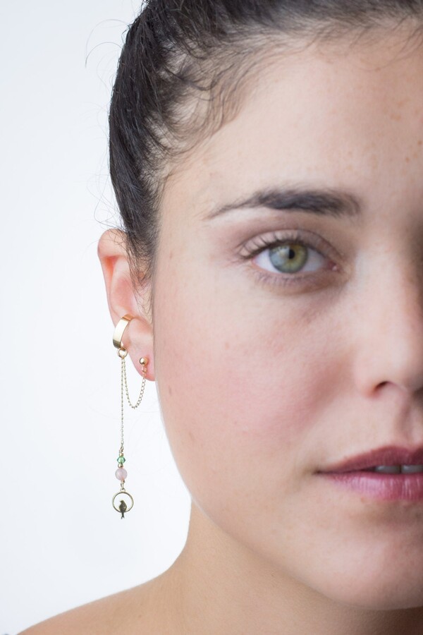 Etsy Gold Filled Bird in A Circle Pendant & Rose Quartz Gemstone Ear Cuff Earring With Link Chain, Perfect Wedding Jewelry For An Animal Lover