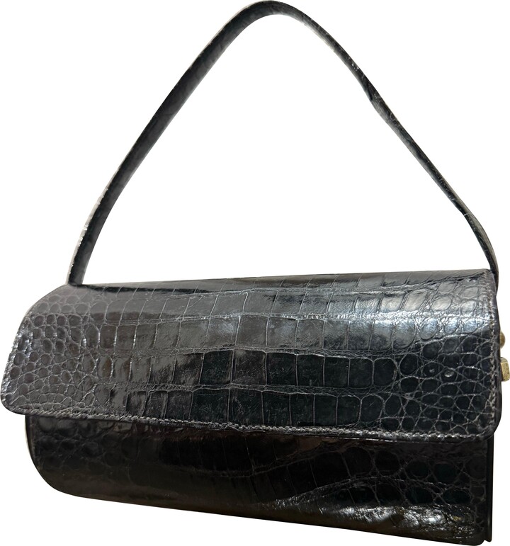 1960s Saks Fifth Avenue Black Alligator Barrel Handbag W Top Handle