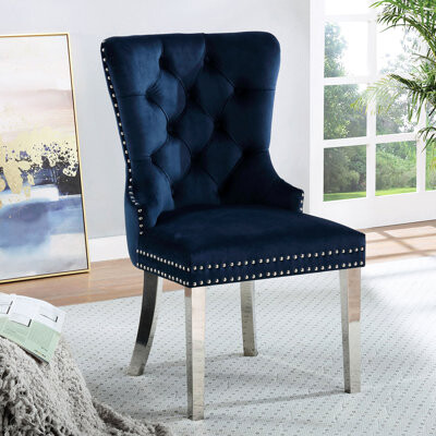 Everly Quinn Wingback Chairs For Dining 2pcs Blue With Button Back & Legs Trim 2pcs Dining Seat Blue Back Nailhead