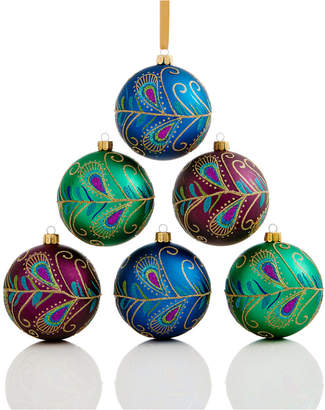 Holiday Lane Set Of 6 Shatterproof Peacock Feather Ball Ornaments, Created for Macy's