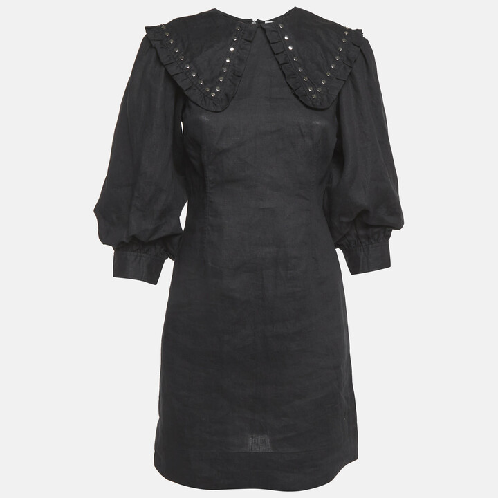 Ganni Black Linen Metal Studded Mini Dress S
