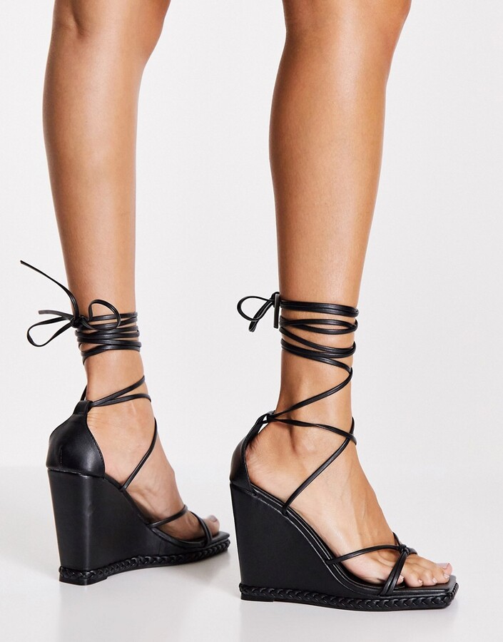 MISS BELGINI Tie up note knotted high wedge sandal in black - Shoebox