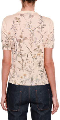 Bottega Veneta Short-Sleeve Crewneck Floral-Print Cashmere Top