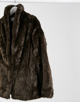 ASOS Petite DESIGN Petite stand faux fur collar coat in brown
