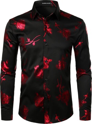 PARKLEES Men's Shiny Gold 3D Rose Print Slim Fit Button Down Dress ...