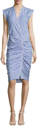 Veronica Beard Sleeveless Ruched Striped Shirtdress, Blue/White