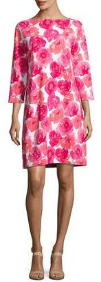 Joan Vass 3/4-Sleeve Floral-Print Dress, Plus Size