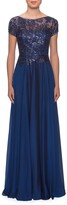 Thumbnail for your product : La Femme Cap-Sleeve Chiffon Gown with Metallic Lace Bodice