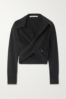 alexanderwang.t - Cropped Draped Wrap-effect Cotton-poplin Shirt - Black