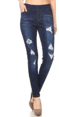 Jvini Women's Stretch Pull-On Skinny Ripped Distressed Denim Jeggings Navy 55