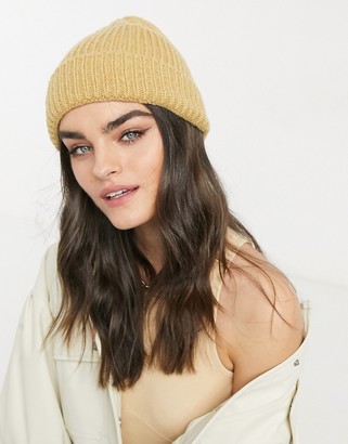 ASOS DESIGN chunky beanie with deep turn up in camel
