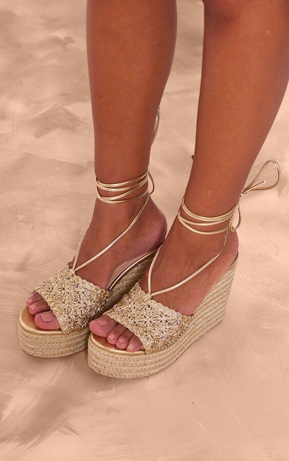 Gold Wide Fit Pu Round Toe Woven Strap Lace Up Espadrille Wedges