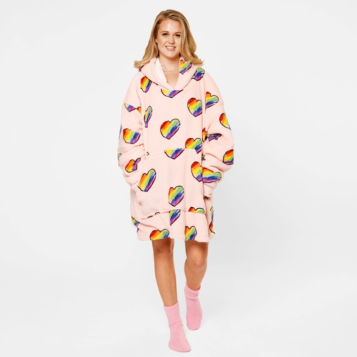 Dunelm Dreamscene Rainbow Hearts Adult Oversized Blanket Hoodie Pink