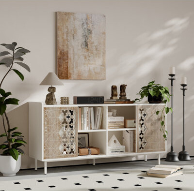 Sicotas Mid Century Sideboard Storage Rustic Sliding Door Solid Wood Cabinet for Living Room Decorative TV Buffet and Storage for TV Stand,Sideboards,