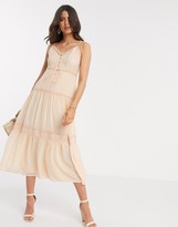 Thumbnail for your product : ASOS DESIGN DESIGN button front tiered midi cami dress with lace insert in peach