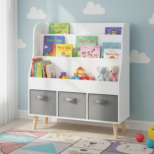 Homy Casa HomyCasaKidsBookshelfwithFrontDisplayShelvesand3FabricStorageBinsforPlayroomorBedroomWhite