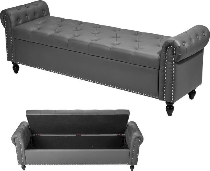 KFFKFF Button-Tufted Storage Ottoman Bench, Rolled Arm Faux Leather Bench with Wooden Legs, Modern Shoe Bench for Entryway, Upholstered Bedroom or Living Room Seat, Gray