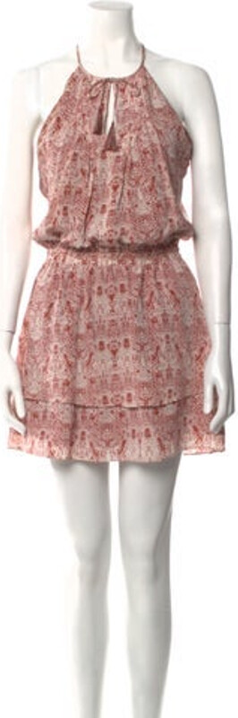 Joie Silk A-Line Dress Neutrals Lace Pattern Pleated, Cutout & Tassel Accents Halterneck Sash-Tie Closure at Front Designer
