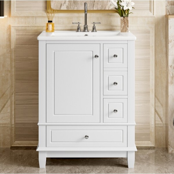 ModernLuxe 24"WBathroomVanitywithCeramicSink,BathroomStorageCabinetFreestandingVanityCabinetwith3Drawers