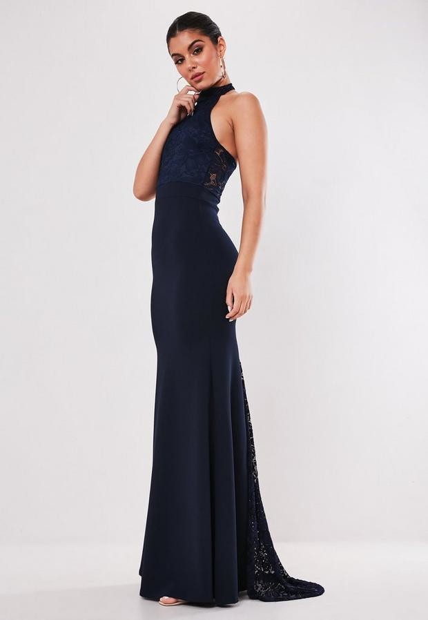 navy lace fishtail maxi dress