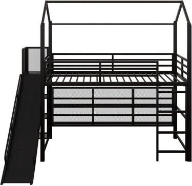 Harper Orchard Metal Loft Bed Frame With Iron Mesh Shelves And Slide,Twin Size House Bed Frame With Ladder And Guardrail