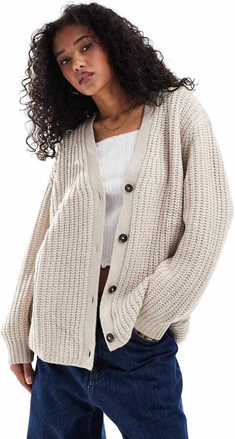 ASOS DESIGN fluffy rib cardigan with v neck in oatmeal ShopStyle