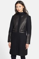 Thumbnail for your product : Nicole Miller Leather Trim Long Wool Blend Coat