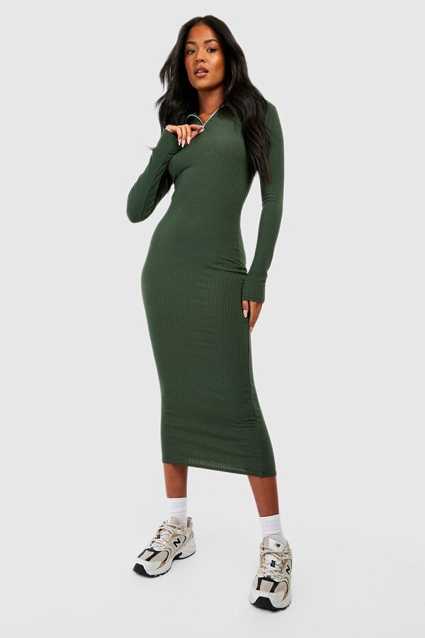 boohoo Tall Soft Rib Zip Longsleeve Midaxi Dress Green ShopStyle
