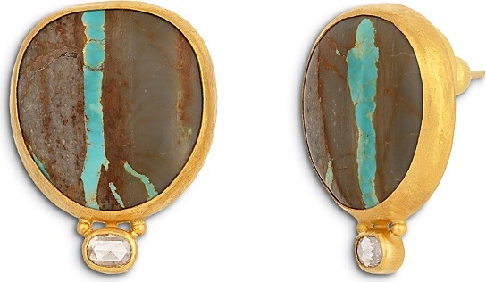 Gurhan 24K Yellow Gold Rune Turquoise & Diamond Stud Earrings