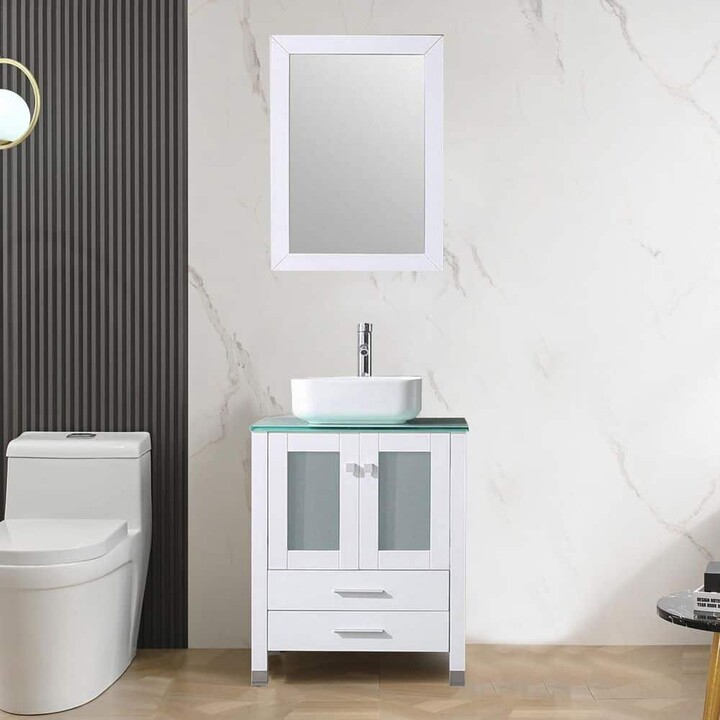 wonline 24 in. Single Ceramic Rounded Square White Sink Freestanding White Bath Vanity with Green Tempered Glass Top and Mirror