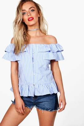 boohoo Emily Button Front Off The Shoulder Chambray Top